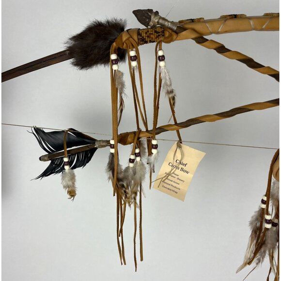 Chief Cross Bow Native American Wall Hanging Decor with Deerskin & Feathers - Picture 9 of 16